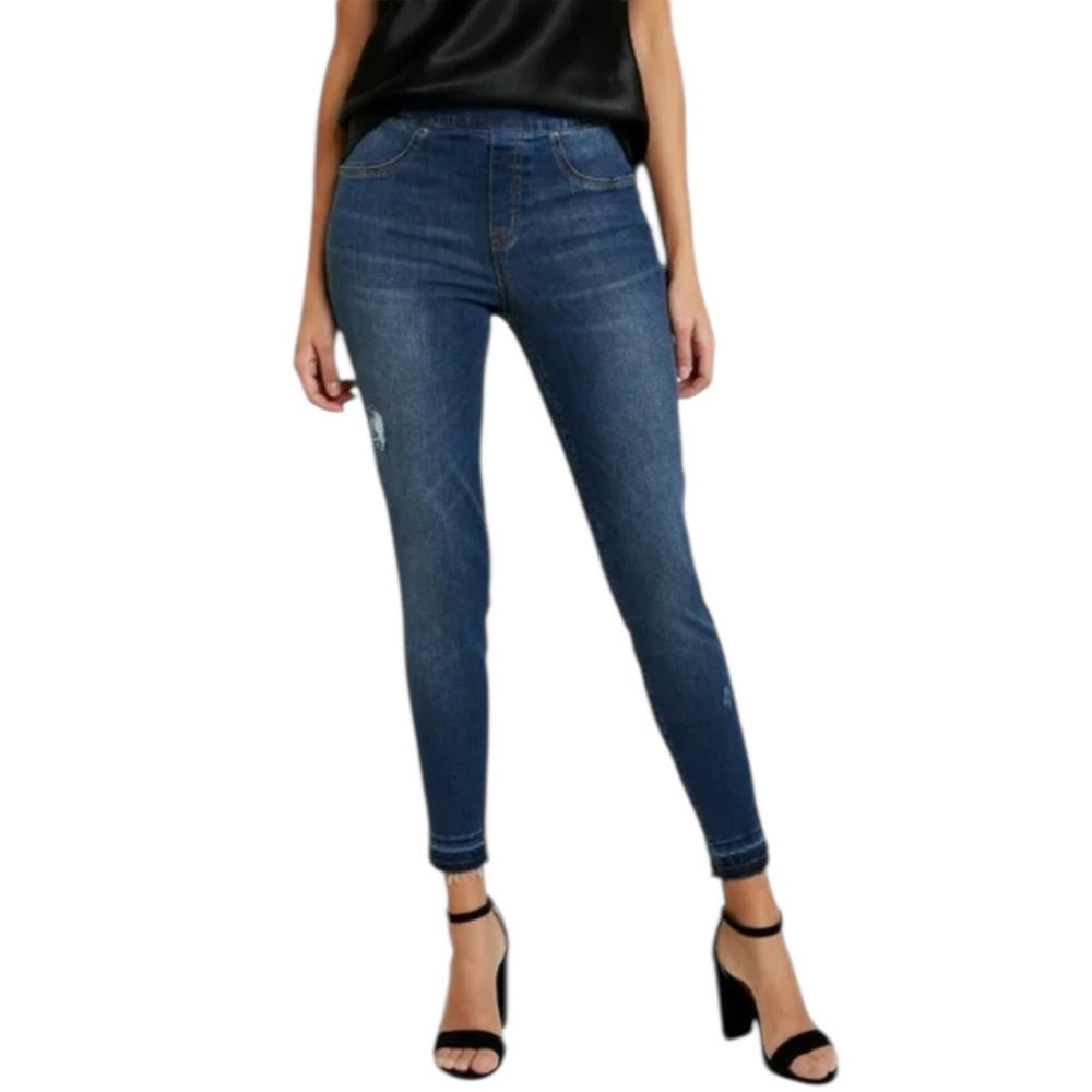SPANX Jeans Women M‎ Blue Pull On Skinny Ankle Tummy Control Distressed Raw Hem
